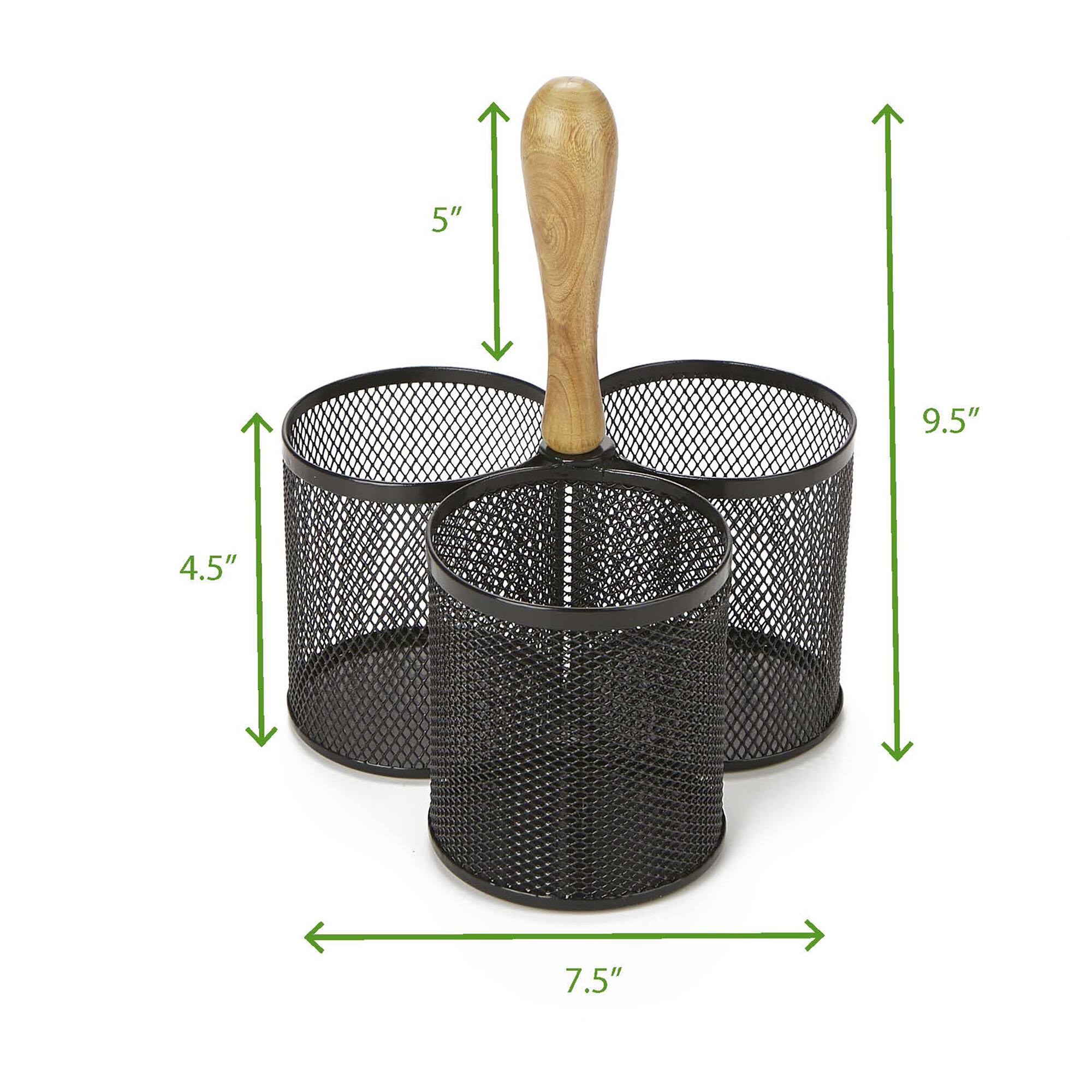 Mind Reader Network Collection Black 3-Compartment Utensil Caddy with Wooden Handle